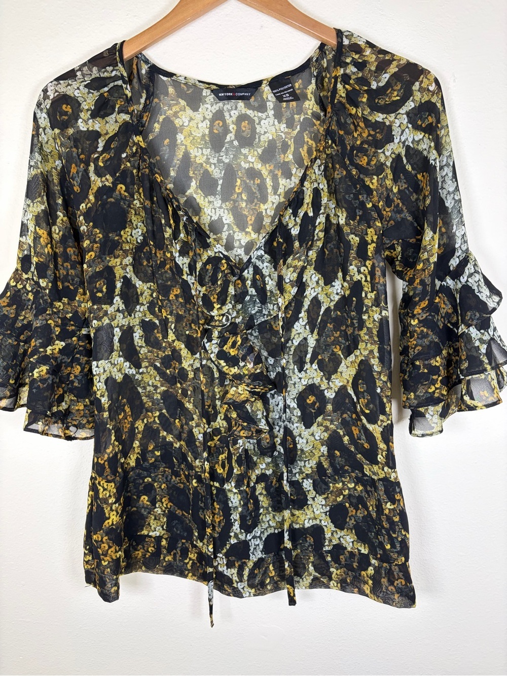 New York & Company XS Animal Print Ruffle Blouse Sheer Bell Sleeve Top